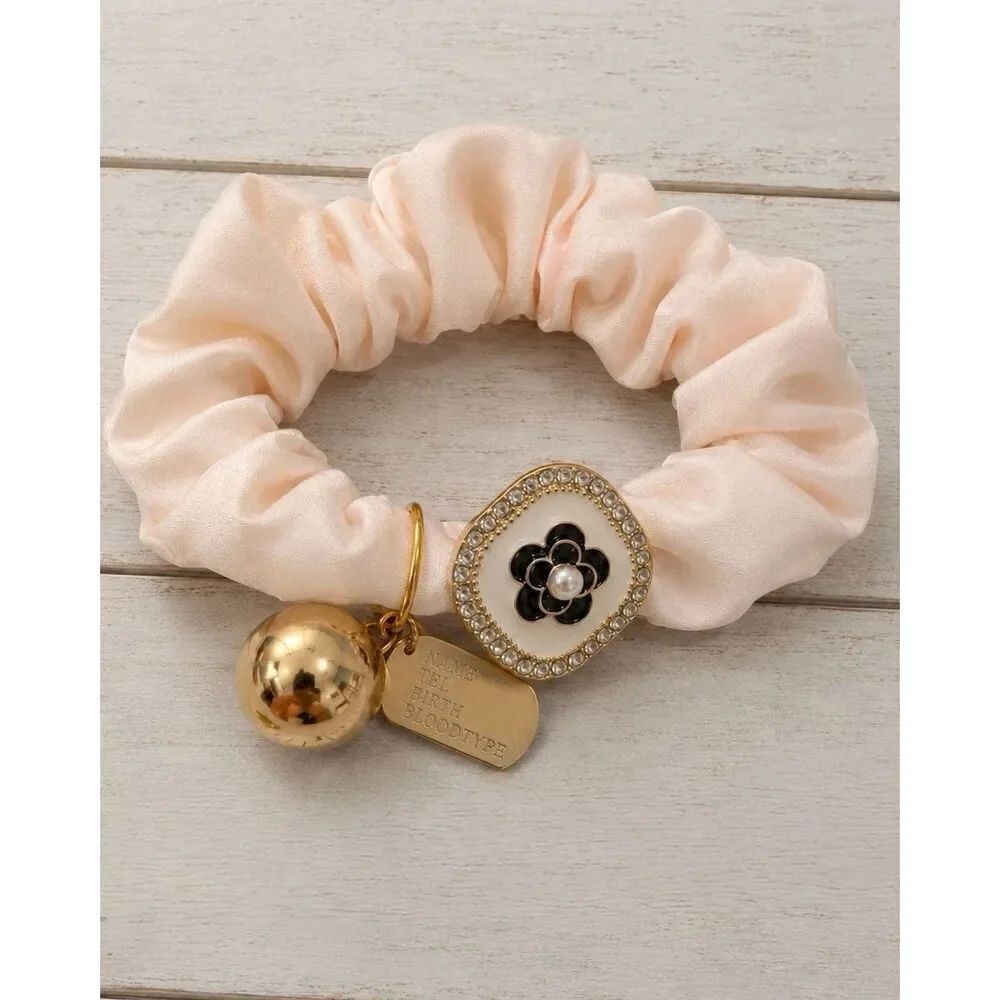 Pink Camellia Flower Scrunchie with Charms - Hair Tie Hair Band Ponytail